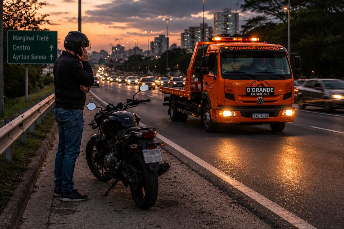 Caminhão guincho em operação próximo ao Aeroporto de Guarulhos